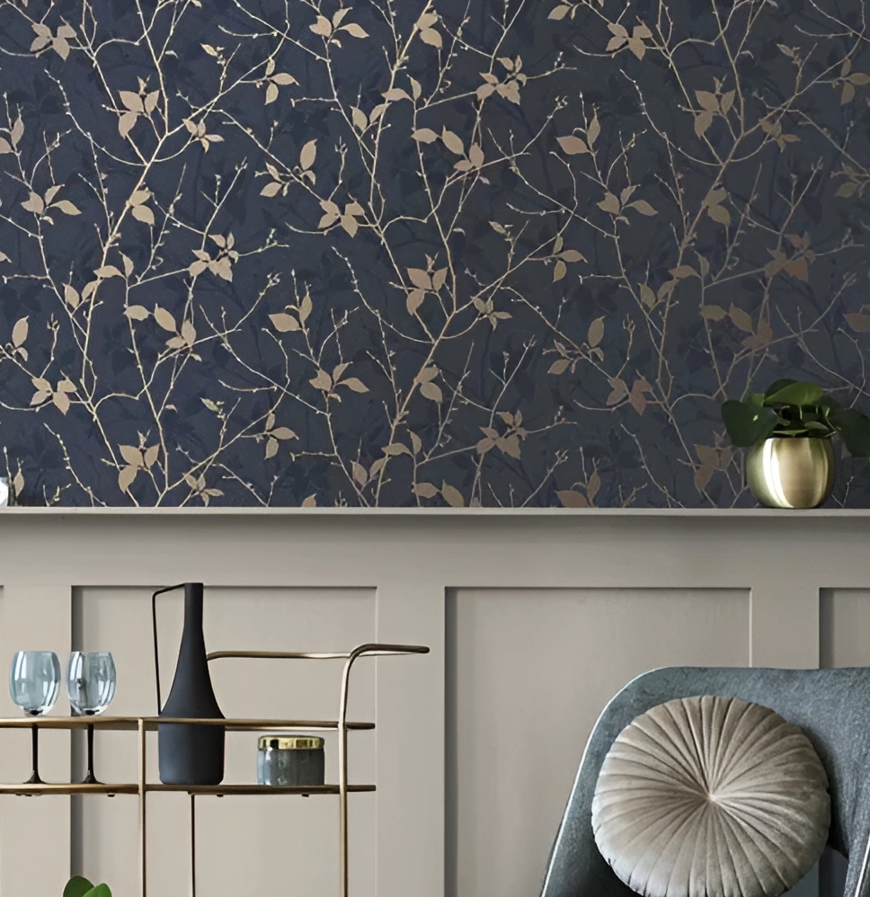 Gold navy floral theme wallpaper by graham brown